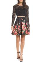 Women's Sequin Hearts Two-piece Lace & Floral Print Party Dress - Black