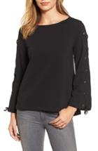 Women's Halogen Wide Neck Lace-up Sleeve Top - Black