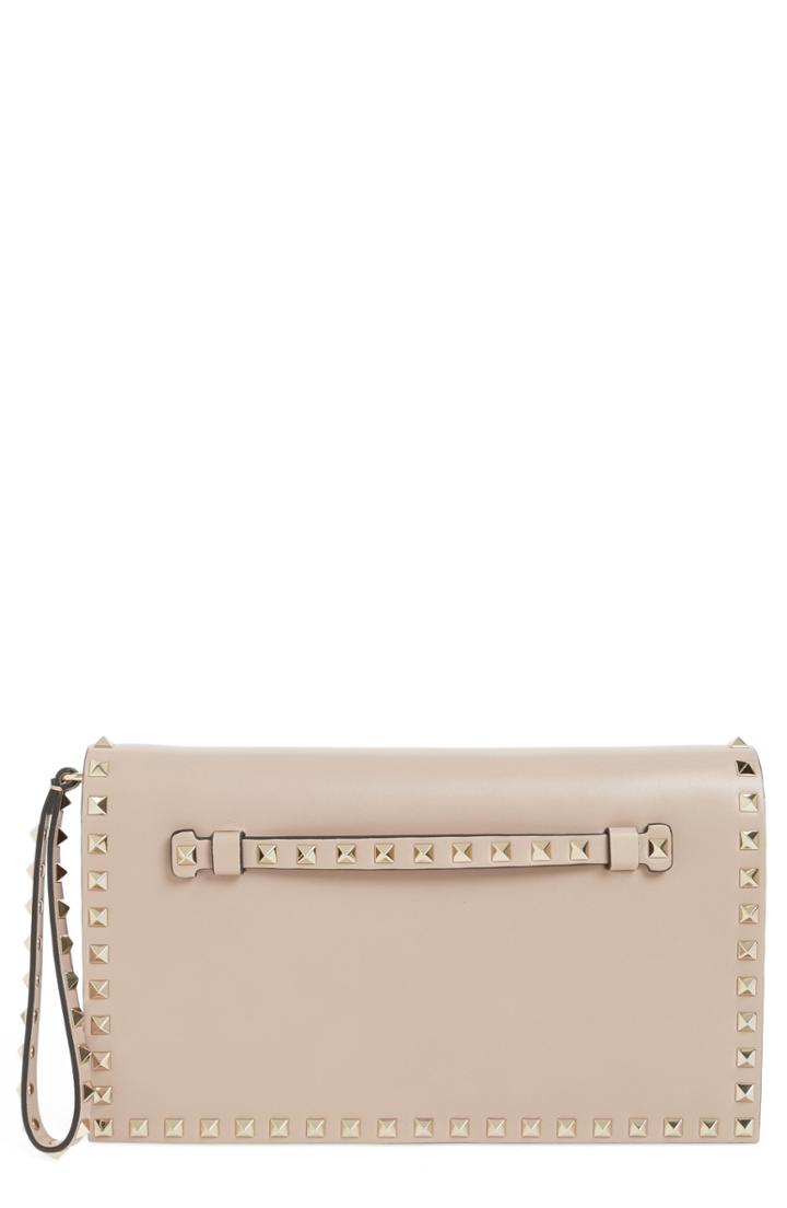 Valentino Garavani Rockstud Leather Flap Clutch - Beige