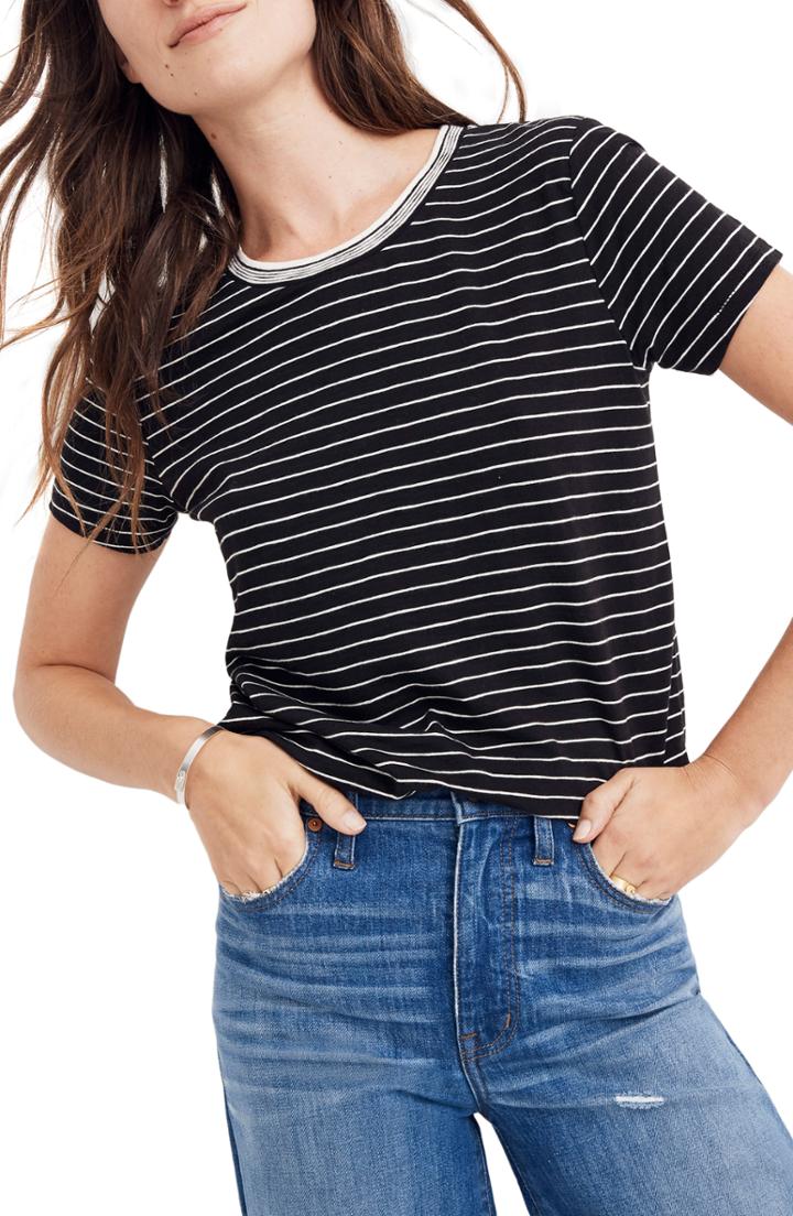 Women's Madewell Whisper Cotton Stripe Ringer Tee, Size - Black