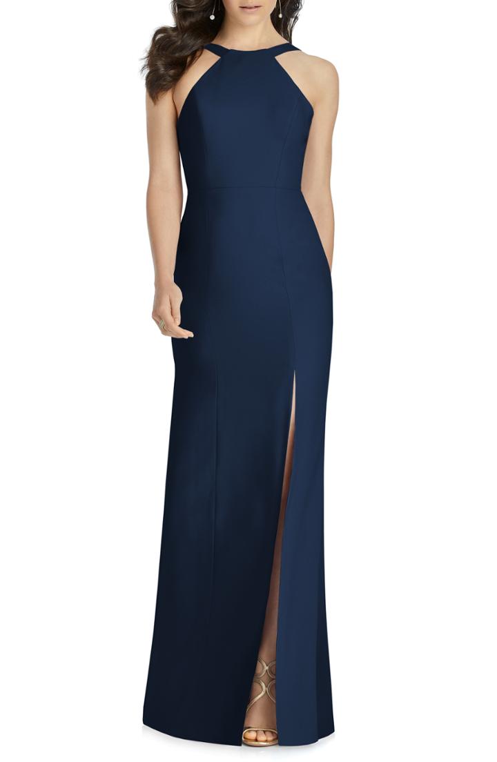 Women's Dessy Collection Cutaway Shoulder Crepe Gown (similar To 14w) - Blue