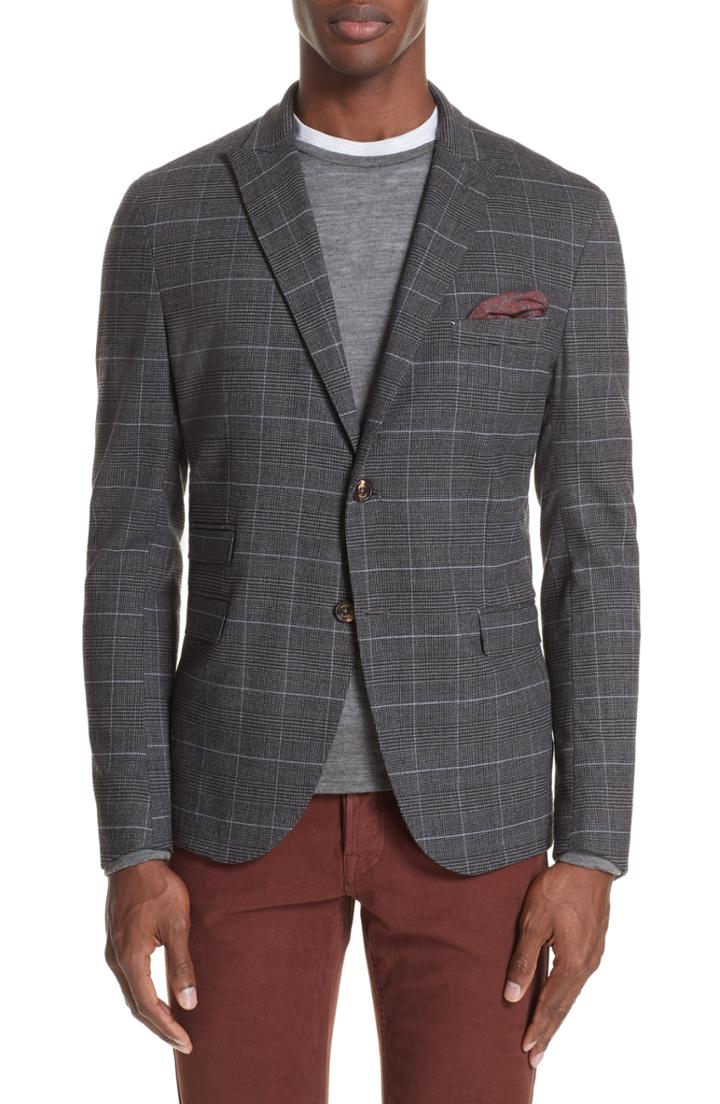 Men's Eleventy Trim Fit Stretch Plaid Wool Sport Coat Us / 50 Eu R - Grey