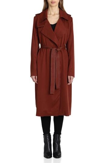 Women's Badgley Mischka Faux Leather Trim Long Trench Coat, Size - Brown