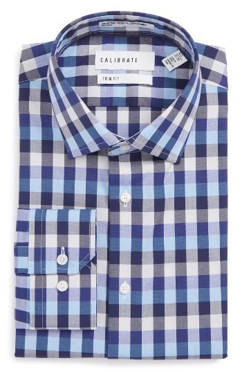 Men's Calibrate Trim Fit Stretch Non-iron Check Dress Shirt .5 32/33 - Blue