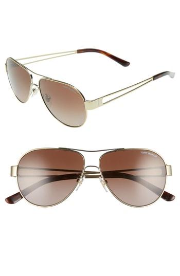 Women's Tory Burch 55mm Polarized Aviator Sunglasses - Gold/ Dark Tortoise Gradient