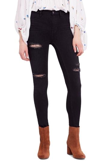 Women's Free People Long & Lean Ripped High Waist Denim Leggings - Black