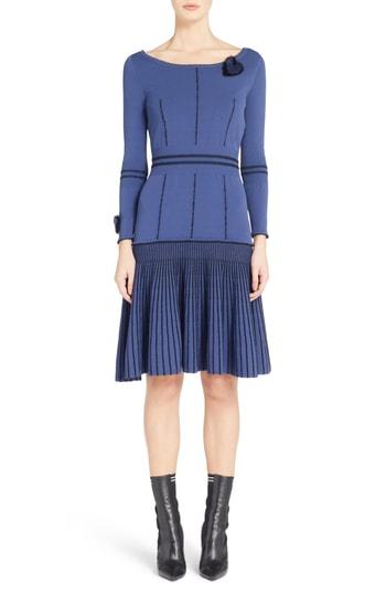 Women's Fendi Knit Drop Waist Dress With Genuine Mink Fur Trim Us / 38 It - Blue
