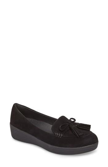 Women's Fitflop Tassel Bow Sneakerloafer(tm) Water Repellent Flat .5 M - Black