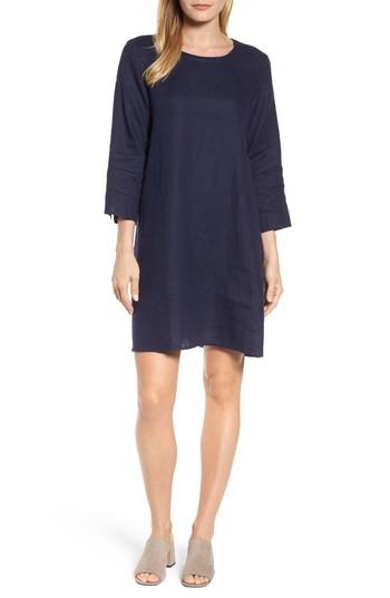 Women's Eileen Fisher Organic Linen Round Neck Shift Dress, Size - Blue