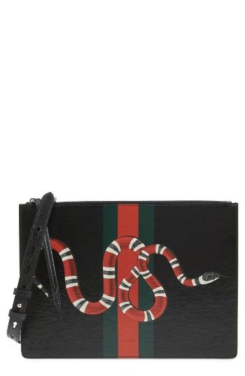 Men's Gucci Snake Band Leather Messenger Bag - Black