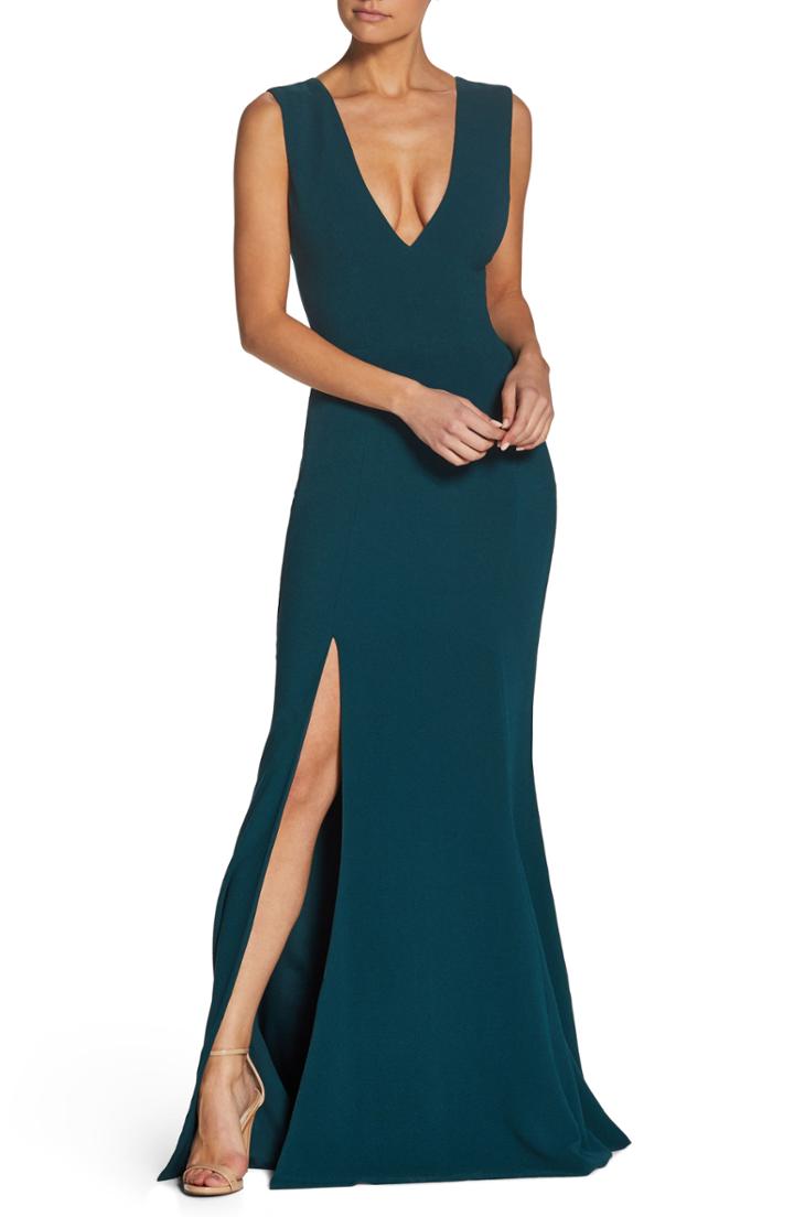 Women's Dress The Population Sandra Plunge Crepe Trumpet Gown, Size - Green