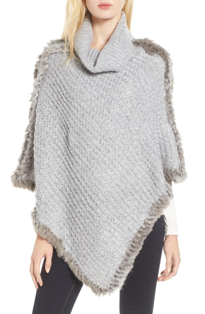 Women's Love Token Cowl Neck Poncho With Genuine Rabbit Fur Trim