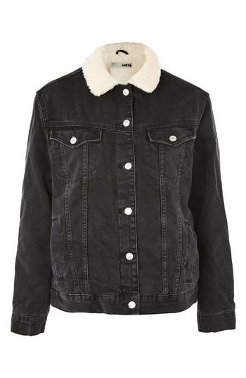 Women's Topshop Borg Oversize Denim Jacket Us (fits Like 0) - Black