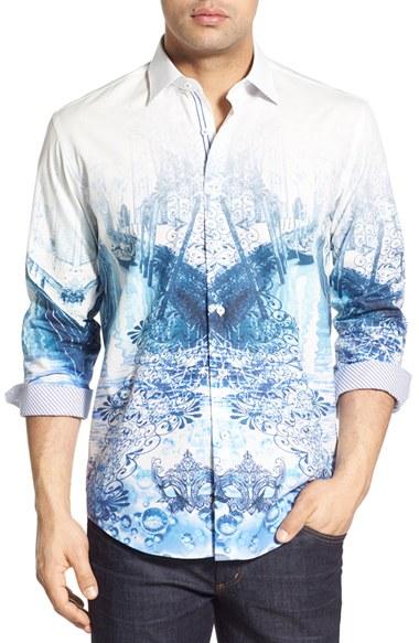 Men's Bugatchi Classic Fit Layered Print Sport Shirt - Blue