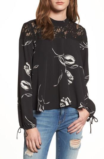 Women's Band Of Gypsies Lace Yoke Floral Print Blouse - Black