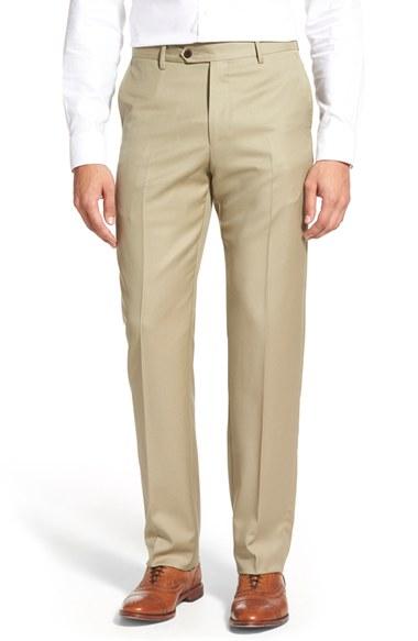 Men's Monte Rosso Flat Front Solid Wool Trousers - Beige
