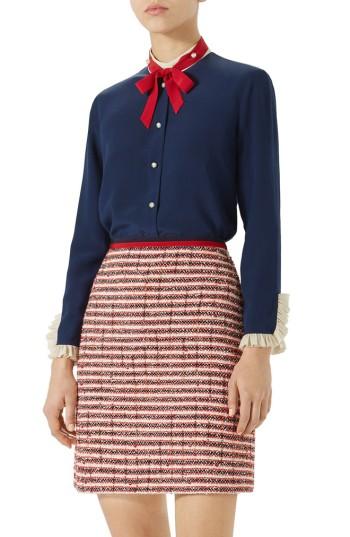 Women's Gucci Ruffle Silk Tie Neck Blouse Us / 36 It - Blue