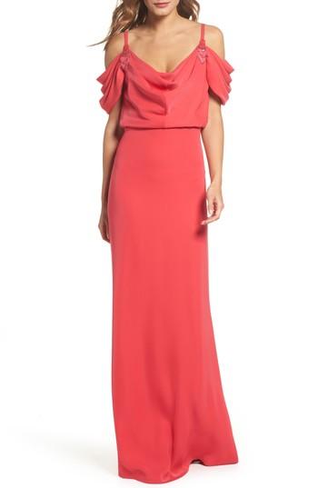 Women's Tadashi Shoji Embellished Cold Shoulder Crepe Gown - Red