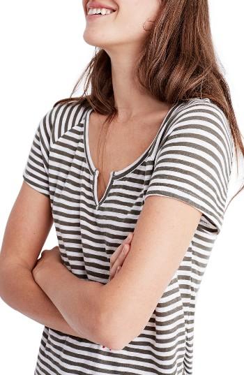 Women's Madewell Brea Stripe Split Neck Tee, Size - Green