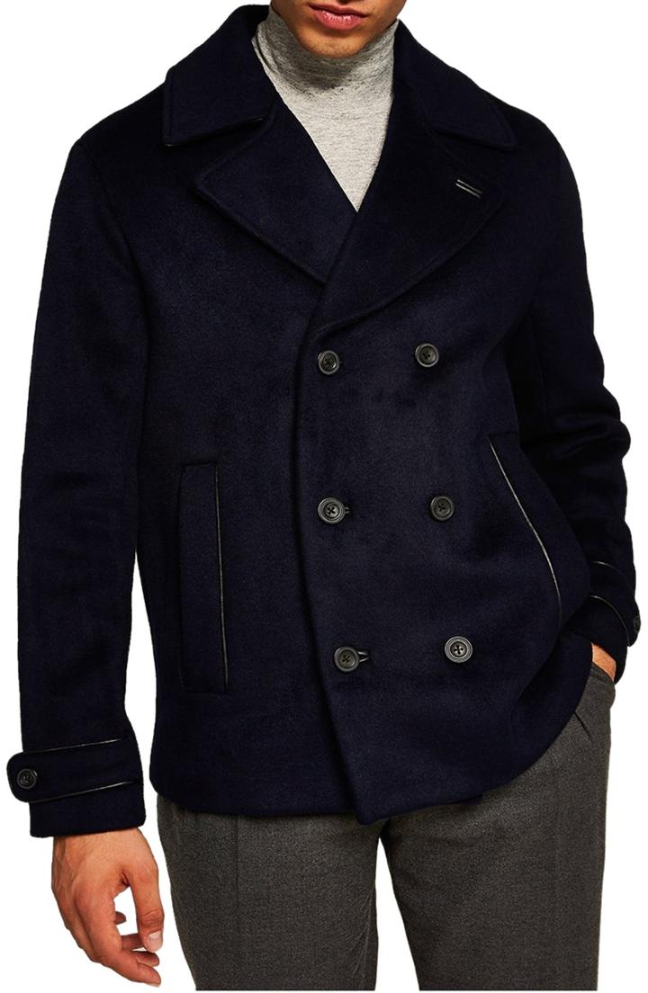 Men's Topman Salem Classic Fit Peacoat - Blue