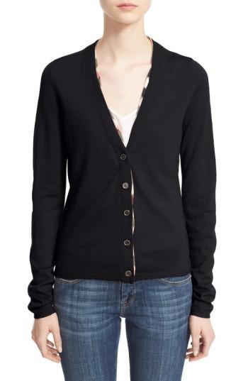 Women's Burberry Check Trim Wool Cardigan