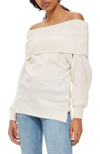 Women's Topshop Balloon Sleeve Off The Shoulder Sweater Us (fits Like 0-2) - Beige