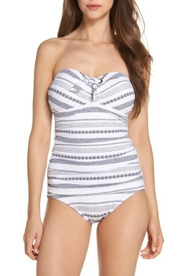 Women's Tommy Bahama Sand Bar Stripe Shirred Bandeau One-piece Swimsuit - White