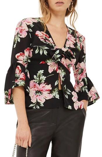 Women's Topshop Felicity Tie Front Blouse Us (fits Like 0-2) - Black