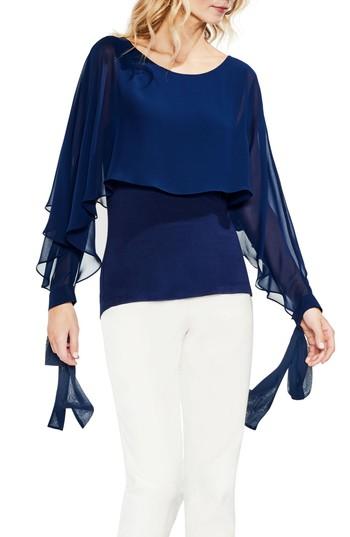 Women's Vince Camuto Tie Cuff Chiffon Overlay Blouse, Size - Blue
