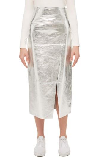 Women's Topshop Boutique Foil Leather Midi Skirt Us (fits Like 0-2) - Metallic