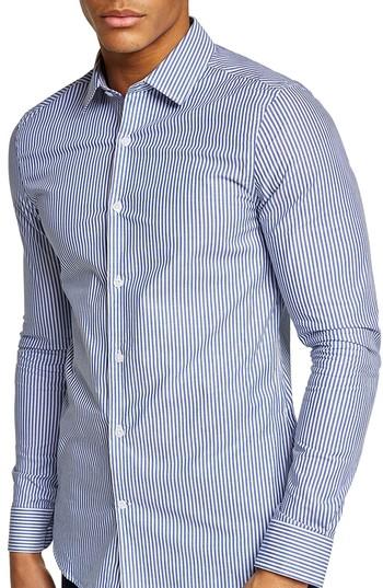 Men's Topman Muscle Fit Stripe Shirt - Blue