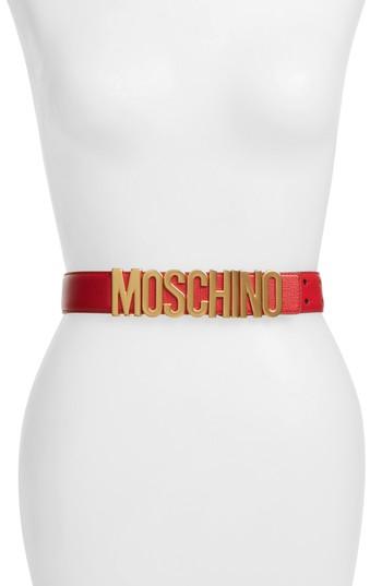 Women's Moschino Logo Leather Belt - Red W/ Gold