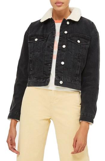Women's Topshop Tilda Borg Denim Jacket Us (fits Like 0-2) - Black