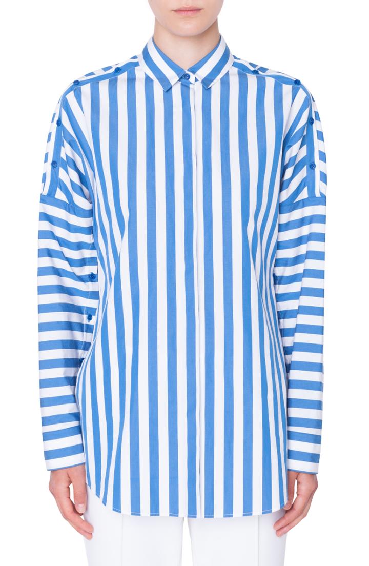 Women's Akris Punto Stripe Button Sleeve Shirt - Blue