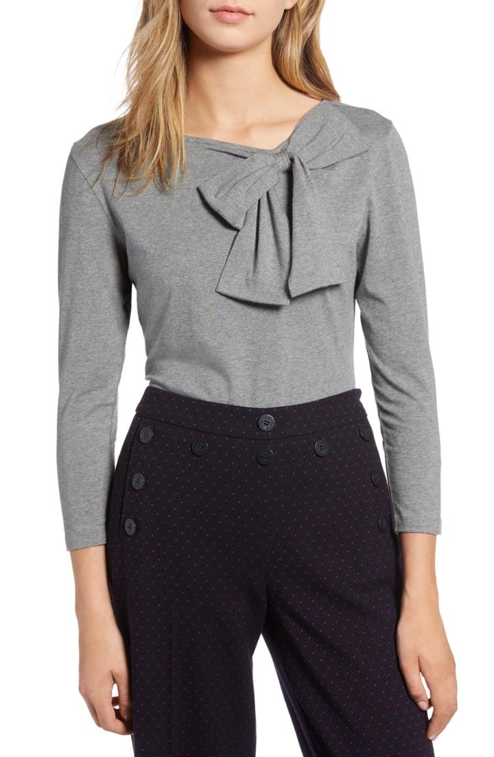 Women's 1901 Bow Neck Stretch Cotton Blend Tee, Size - Grey