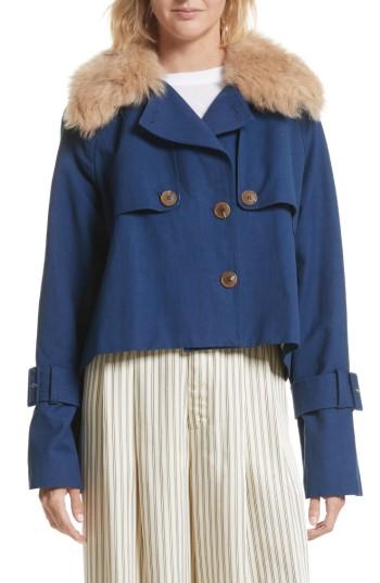 Women's Sea Crop Trench Coat With Genuine Lamb Fur Collar - Blue