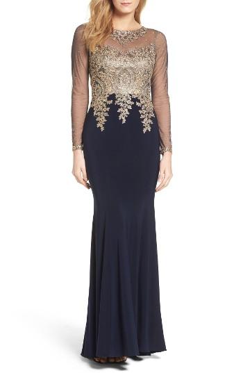 Women's Xscape Illusion Sleeve Mermaid Gown