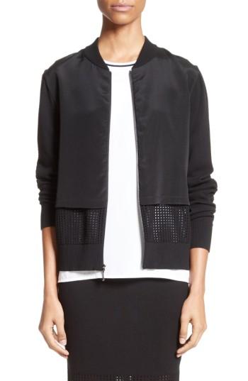 Women's St. John Collection Stretch Silk Crepe De Chine & Mesh Bomber Jacket - Black
