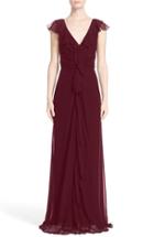Women's Carolina Herrera Ruffle Detail Silk Chiffon V-neck Gown