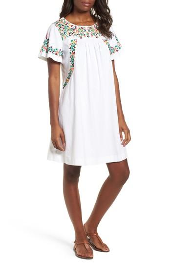 Women's Caslon Embroidered Cotton Shift Dress - White