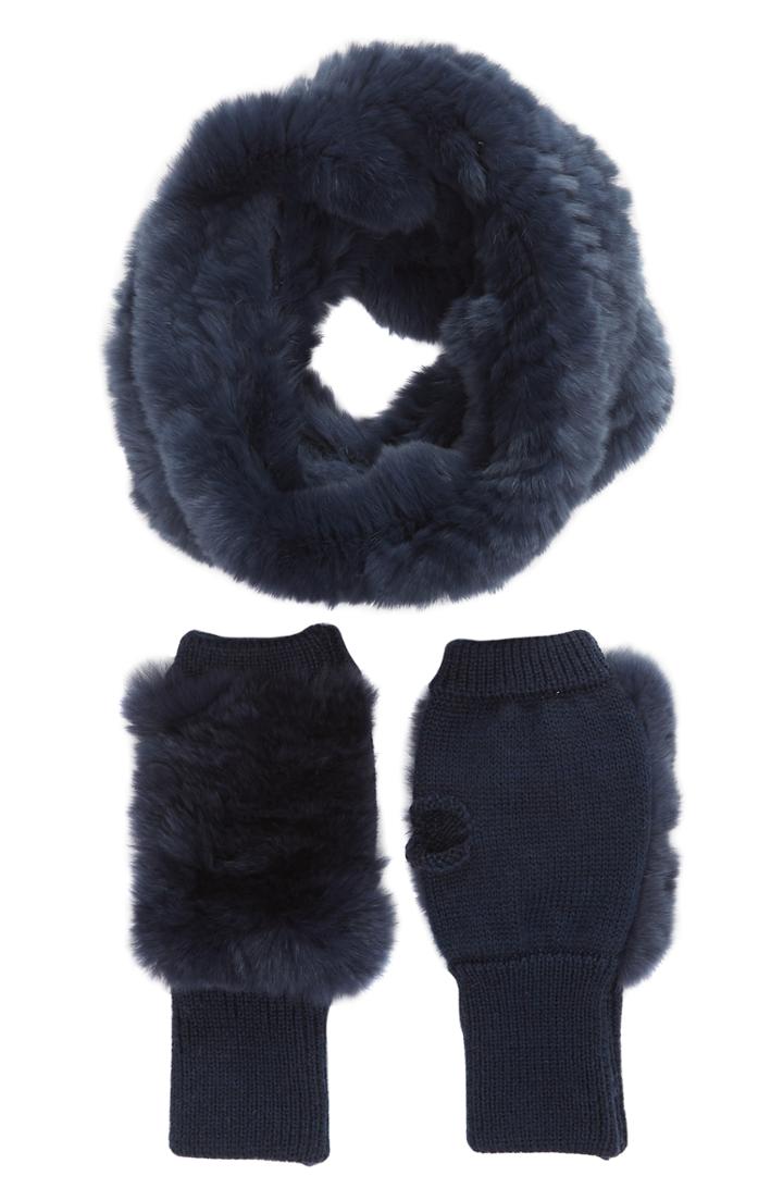 Women's Jocelyn Genuine Rabbit Fur Cowl & Mitten Set, Size - Blue/green