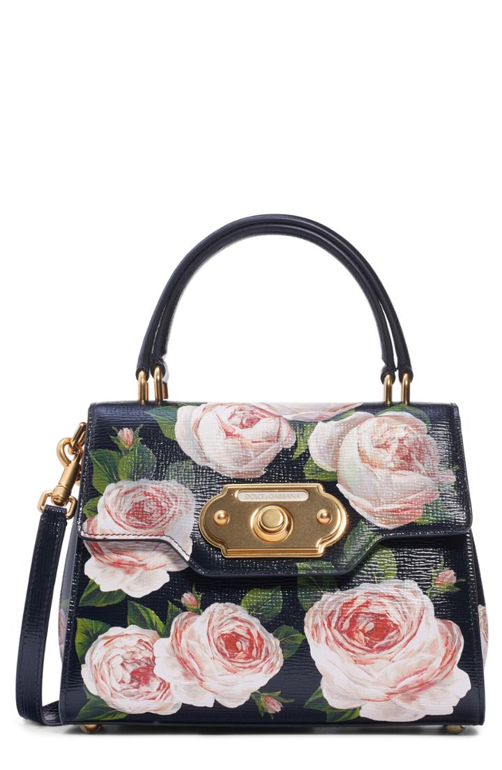 Dolce & Gabbana Mini Welcome Floral Print Leather Satchel - Black