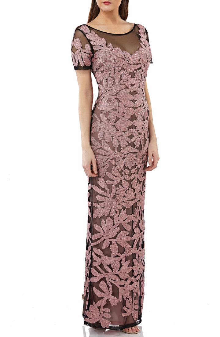 Women's Js Collections Illusion Yoke Short Sleeve Soutache Gown - Pink