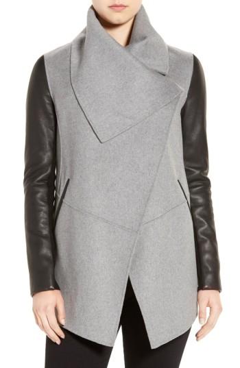 Women's Mackage Vane Asymmetrical Leather Sleeve Coat - Grey