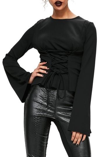 Women's Missguided Corset Detail Flare Sleeve Top Us / 8 Uk - Black