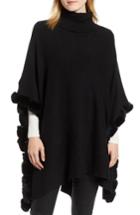 Women's La Fiorentina Turtleneck Poncho With Genuine Rabbit Fur Trim, Size - Black