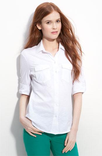 Sandra Ingrish Three Quarter Roll Sleeve Knit Shirt White