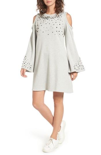 Women's Bp. Embellished Cold Shoulder Sweatshirt Dress, Size - Grey