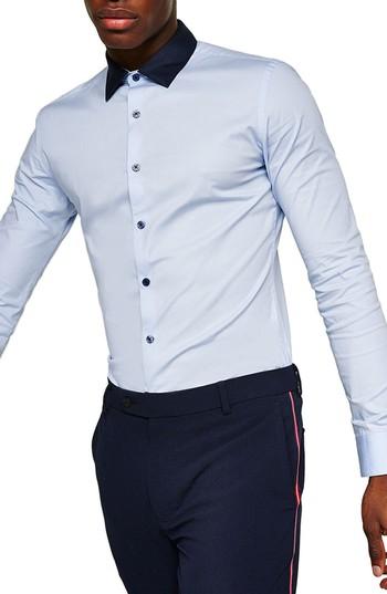 Men's Topman Muscle Fit Contrast Collar Sport Shirt - Blue