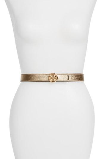 Women's Tory Burch Reversible Logo Leather Belt - Gold / Devon Sand